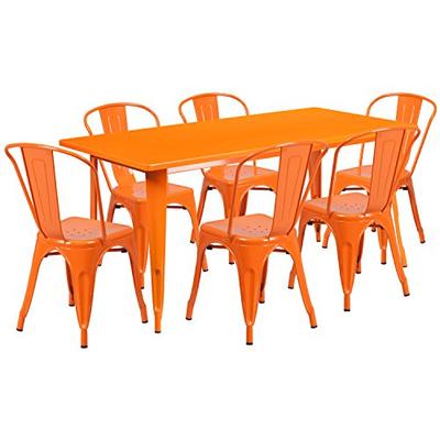 Flash Furniture 31.5'' x 63'' Rectangular Orange Metal Indoor-Outdoor Table Set with 6 Stack Chairs