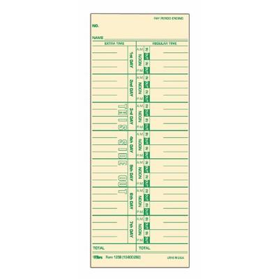 TOPS Time Cards, Weekly, 1-Sided, Numbered Days, 3-1/2" x 9", Manila, Green Print, 500-Count (1256)